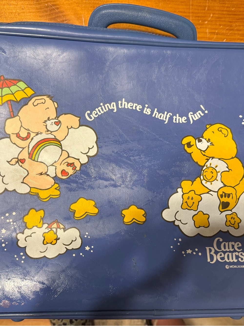 Vintage 1980’s Care Bears Blue Vinyl Carry Bag with Yellow and White Accents